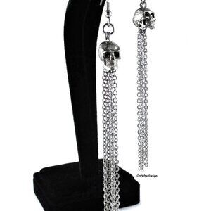 Skull Earrings Fringe Chains Dead Halloween Spooky Fun Jewelry Rock Punk Goth